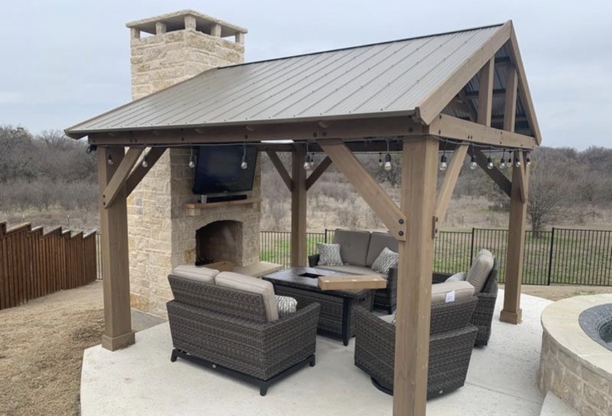 Custom timber pavilion, gazebo, and outdoor fireplace