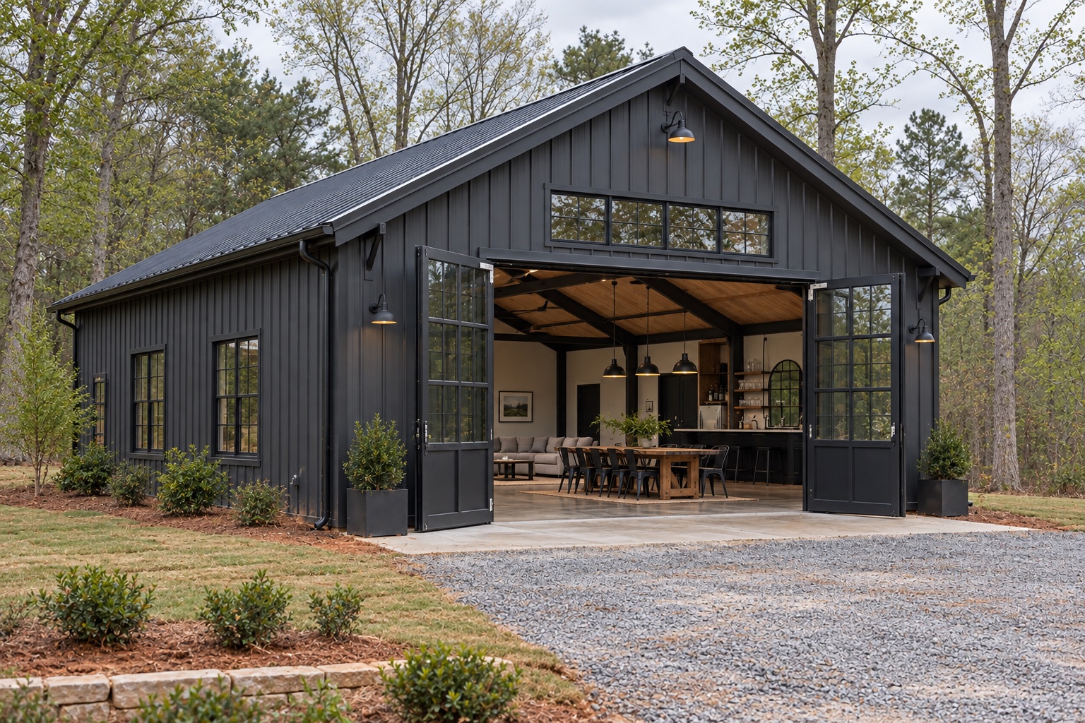 Concept visualization of a prefabricated metal party barn, workshop, or shed in Milton, Georgia
